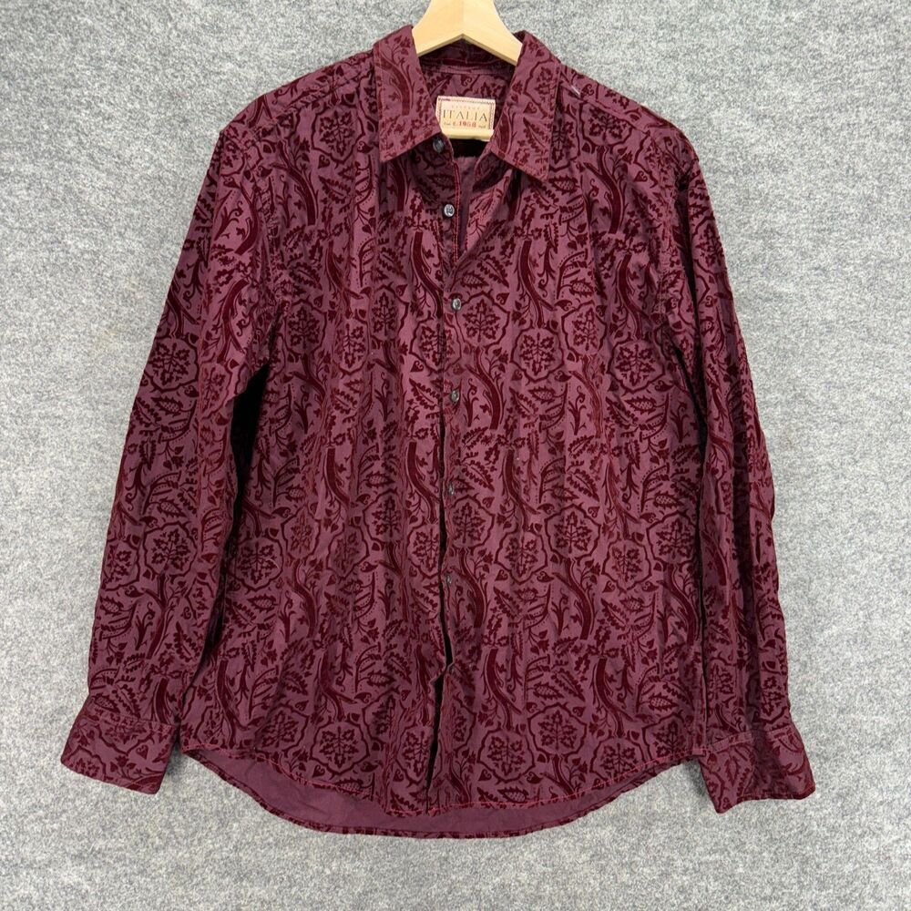 New Italia Shirt Men 42 Red Floral Button Up Collared Long Sleeve Cotton Regular